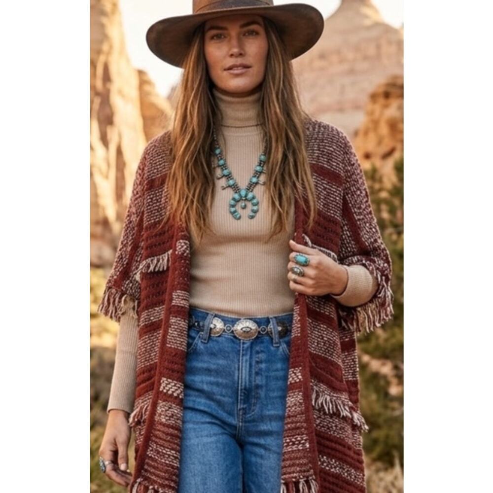 Boho Western-inspired Fringe Cardigan in Oxblood & Cream by Natural Reflections